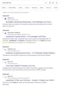 Trefferliste mit fünf Google Ads Anzeigen